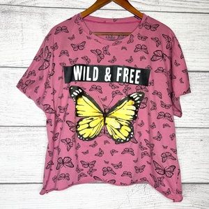 Wild & Free Butterfly Boxy Cropped T-Shirt Mauve Pink & Yellow Size 2X